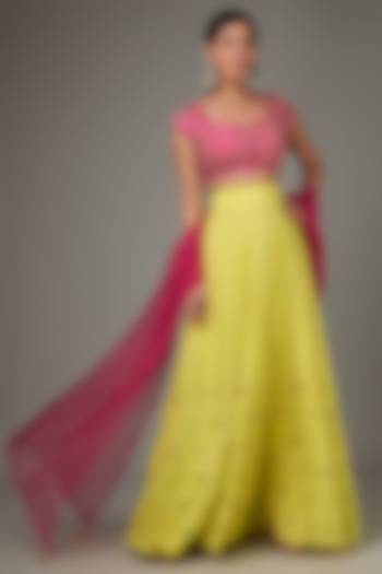 Yellow Chiffon Thread & Bead Embroidered Wedding Lehenga Set by ANJALIVERMA at Pernia's Pop Up Shop