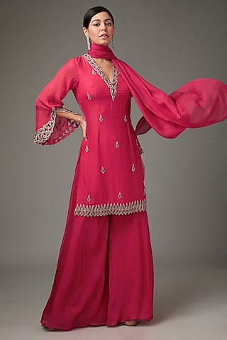 Red Flat Chiffon Motif Hand Embroidered Tunic Set by ANJALIVERMA
