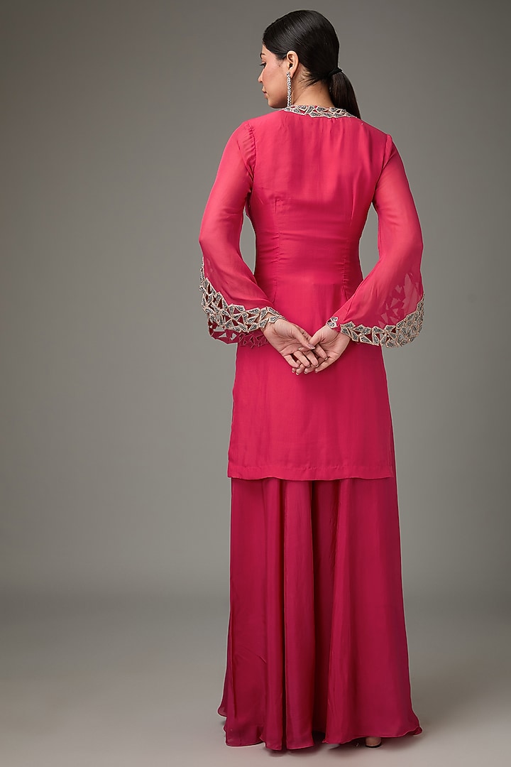 Red Flat Chiffon Motif Hand Embroidered Tunic Set by ANJALIVERMA at Pernia's Pop Up Shop