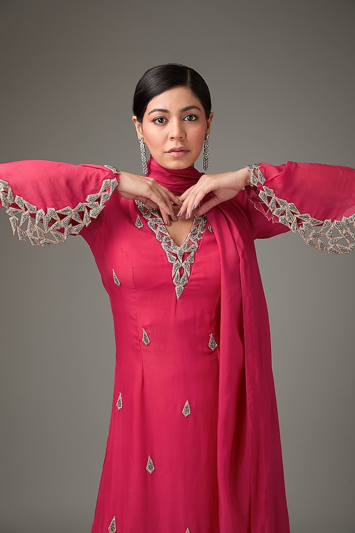 Red Flat Chiffon Motif Hand Embroidered Tunic Set by ANJALIVERMA at Pernia's Pop Up Shop