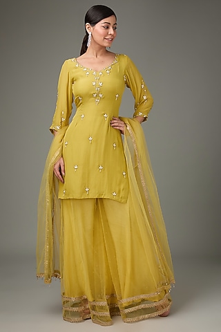Yellow Flat Chiffon Beads Embroidered Tunic Set by ANJALIVERMA