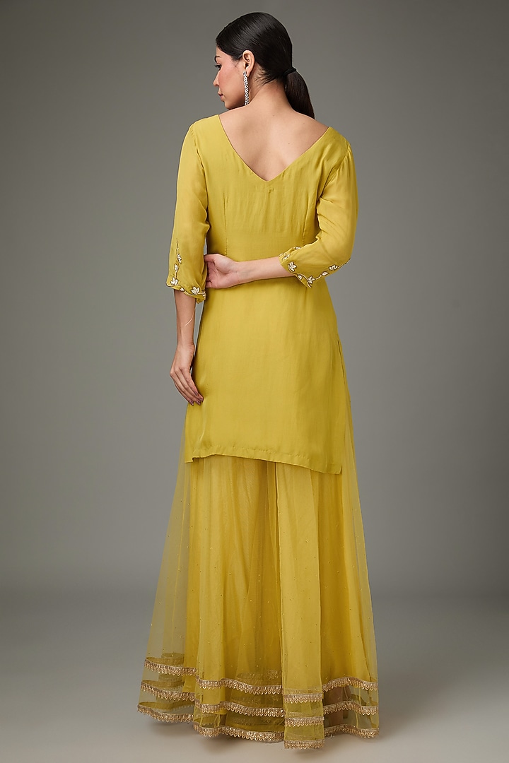 Yellow Flat Chiffon Beads Embroidered Tunic Set by ANJALIVERMA at Pernia's Pop Up Shop