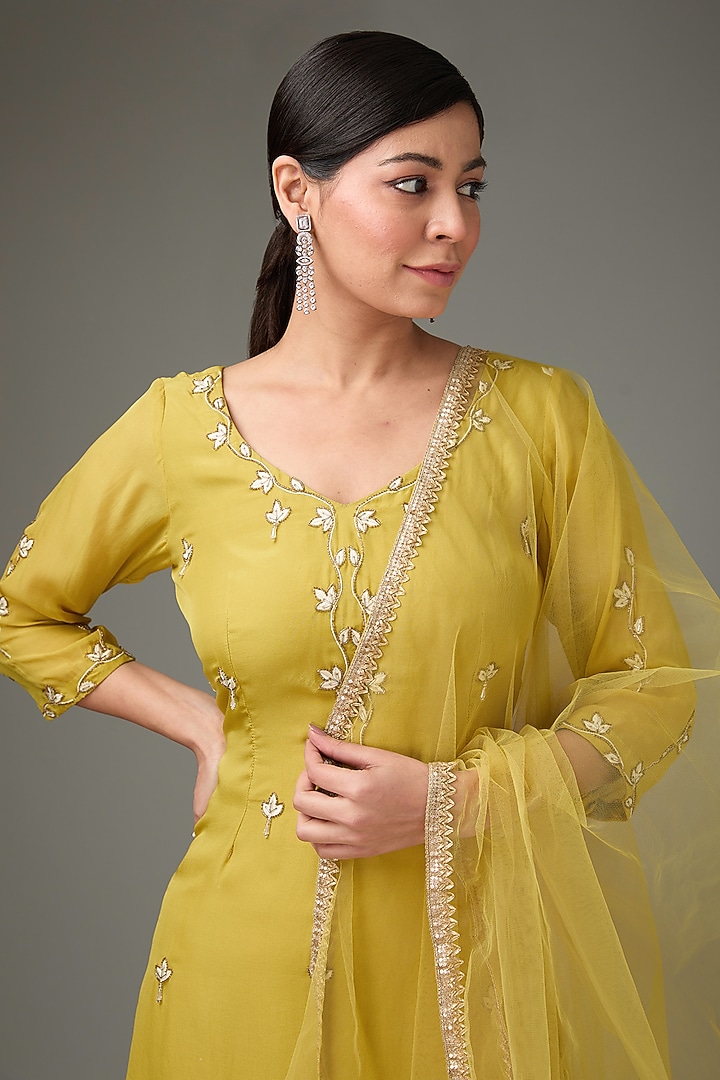 Yellow Flat Chiffon Beads Embroidered Tunic Set by ANJALIVERMA at Pernia's Pop Up Shop