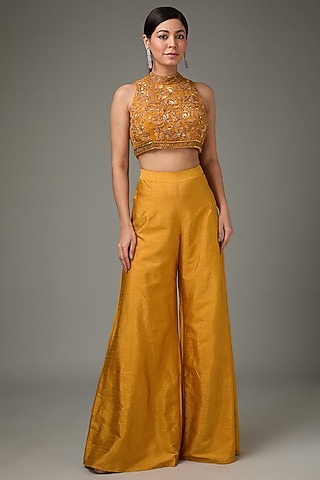 Dark Mustard Yellow Raw Silk Palazzo Pant Set by ANJALIVERMA
