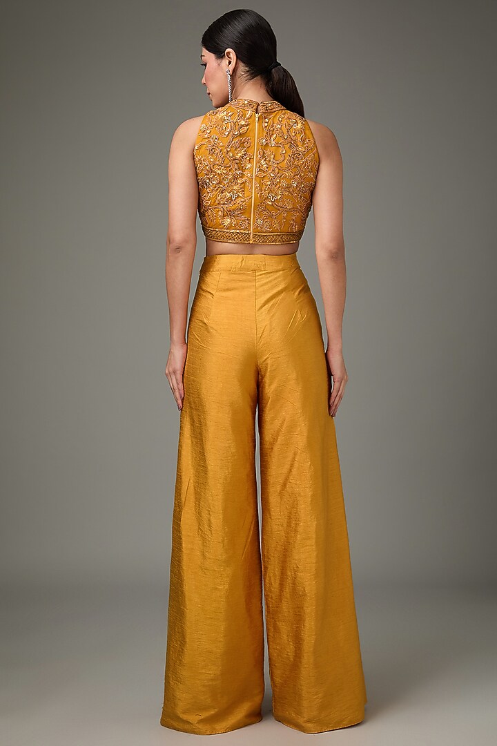 Dark Mustard Yellow Raw Silk Palazzo Pant Set by ANJALIVERMA at Pernia's Pop Up Shop