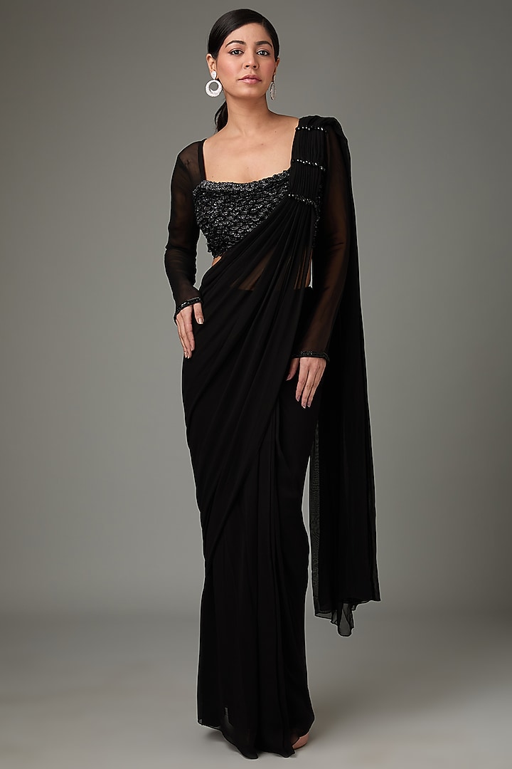 Black Georgette Tassels Embroidered Pre-Stitched Draped Saree Set by ANJALIVERMA