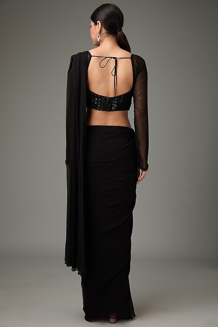 Black Georgette Tassels Embroidered Pre-Stitched Draped Wedding Saree Set by ANJALIVERMA at Pernia's Pop Up Shop