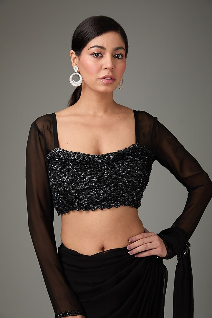 Black Georgette Tassels Embroidered Pre-Stitched Draped Wedding Saree Set by ANJALIVERMA at Pernia's Pop Up Shop
