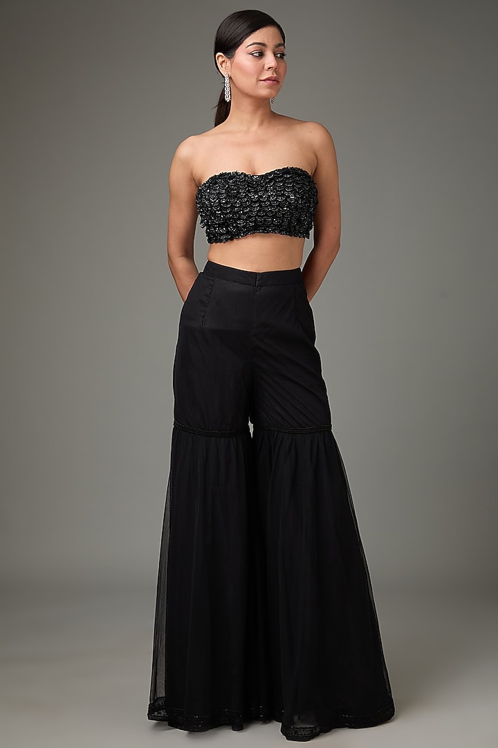 Black Net Lace & Glass Bead Embellished Gharara Set by ANJALIVERMA at Pernia's Pop Up Shop