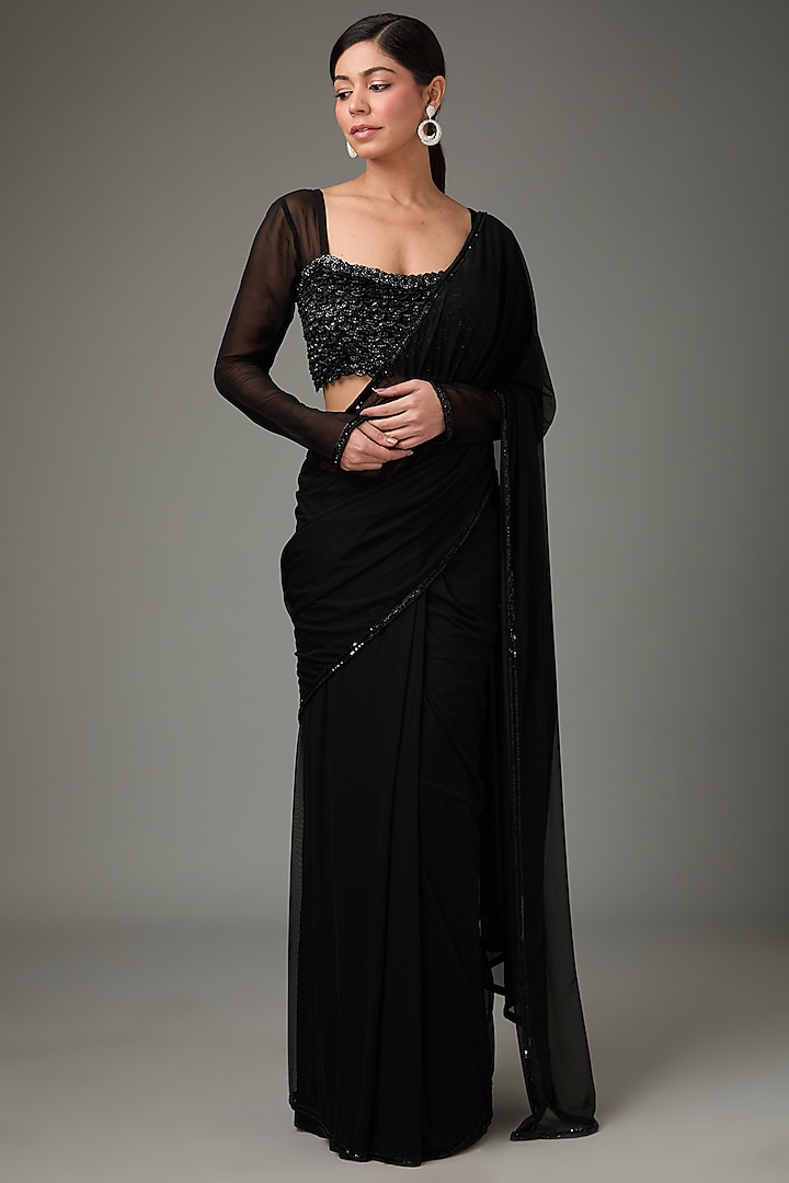 Black Lycra Net Embellished Saree Set by ANJALIVERMA