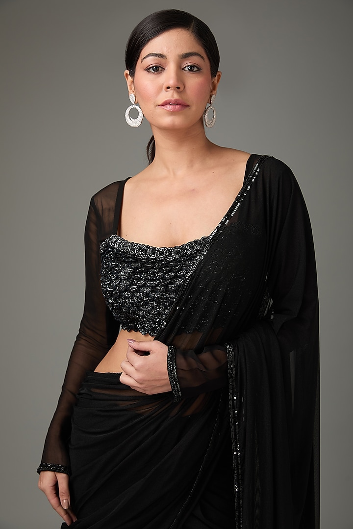Black Lycra Net Embellished Wedding Saree Set by ANJALIVERMA at Pernia's Pop Up Shop