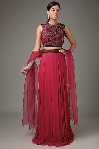 Red Crinkle Chiffon Embellished Lehenga Set by ANJALIVERMA