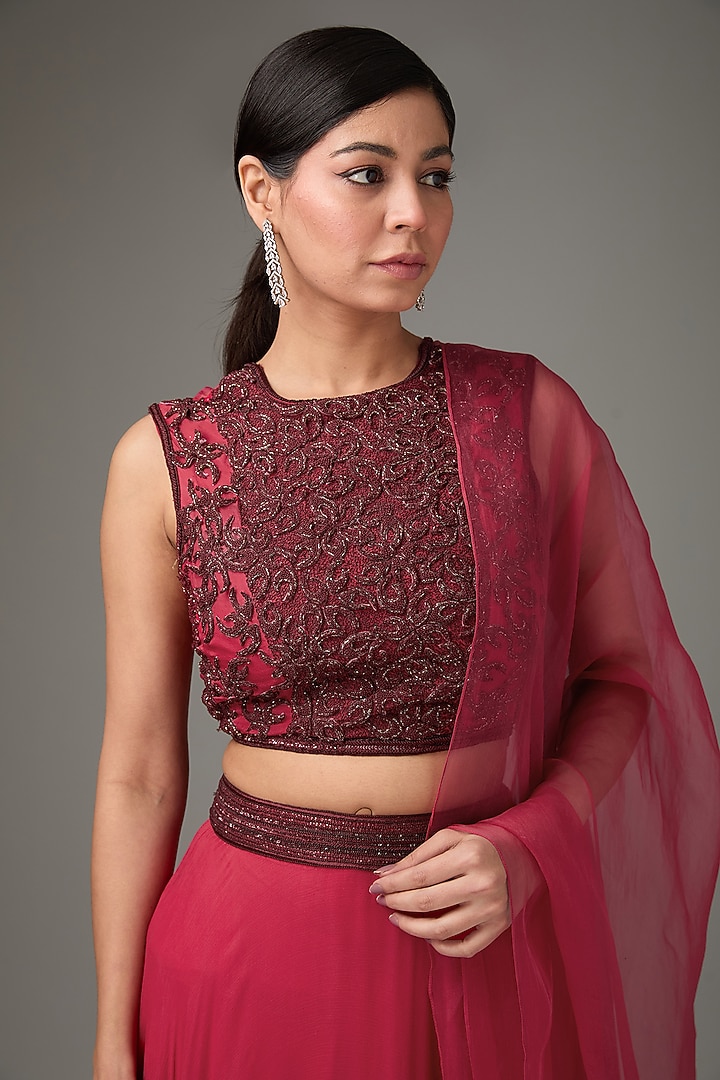 Red Crinkle Chiffon Embellished Wedding Lehenga Set by ANJALIVERMA at Pernia's Pop Up Shop