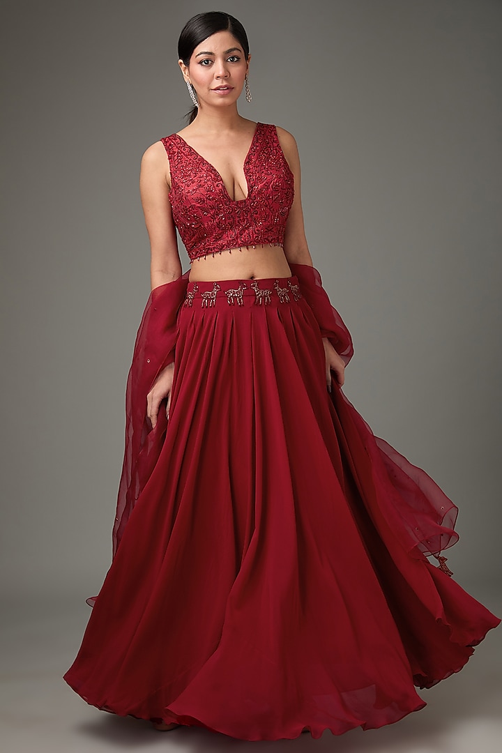 Red Georgette Embellished Pleated Flared Lehenga Set by ANJALIVERMA