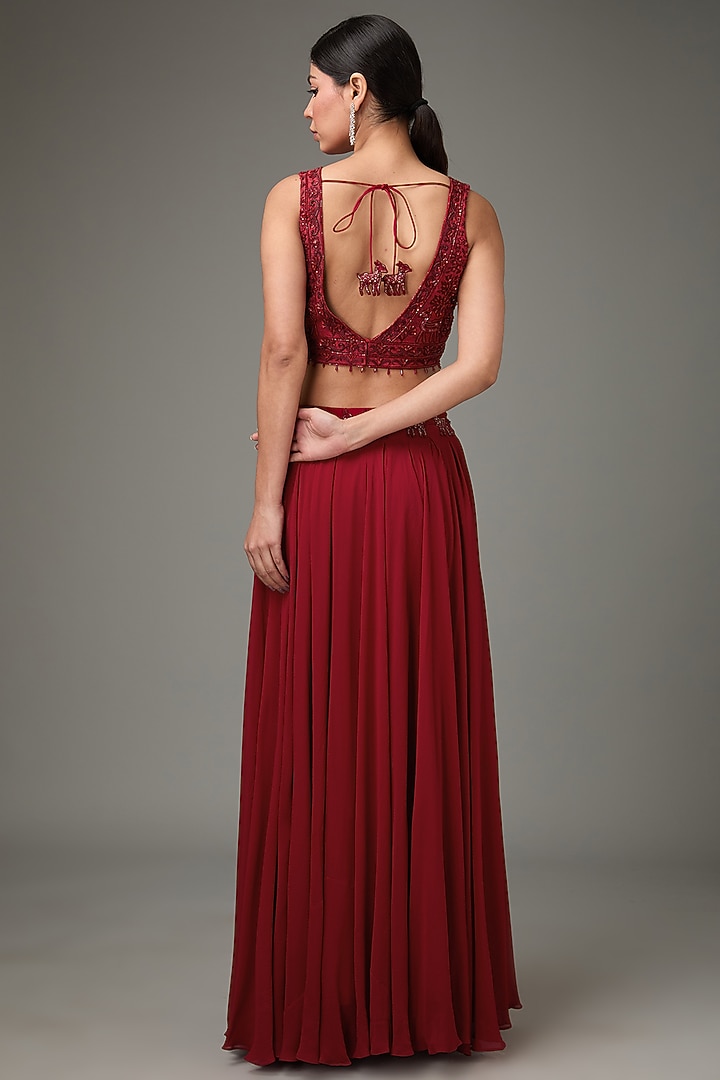 Red Georgette Embellished Pleated Flared Wedding Lehenga Set by ANJALIVERMA at Pernia's Pop Up Shop
