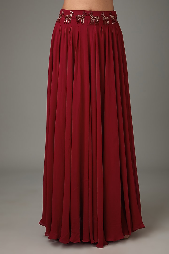 Red Georgette Embellished Pleated Flared Wedding Lehenga Set by ANJALIVERMA at Pernia's Pop Up Shop