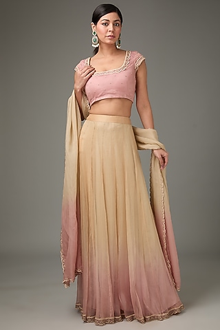 Blush Pink Ombre Silk Organza Lehenga Set by ANJALIVERMA