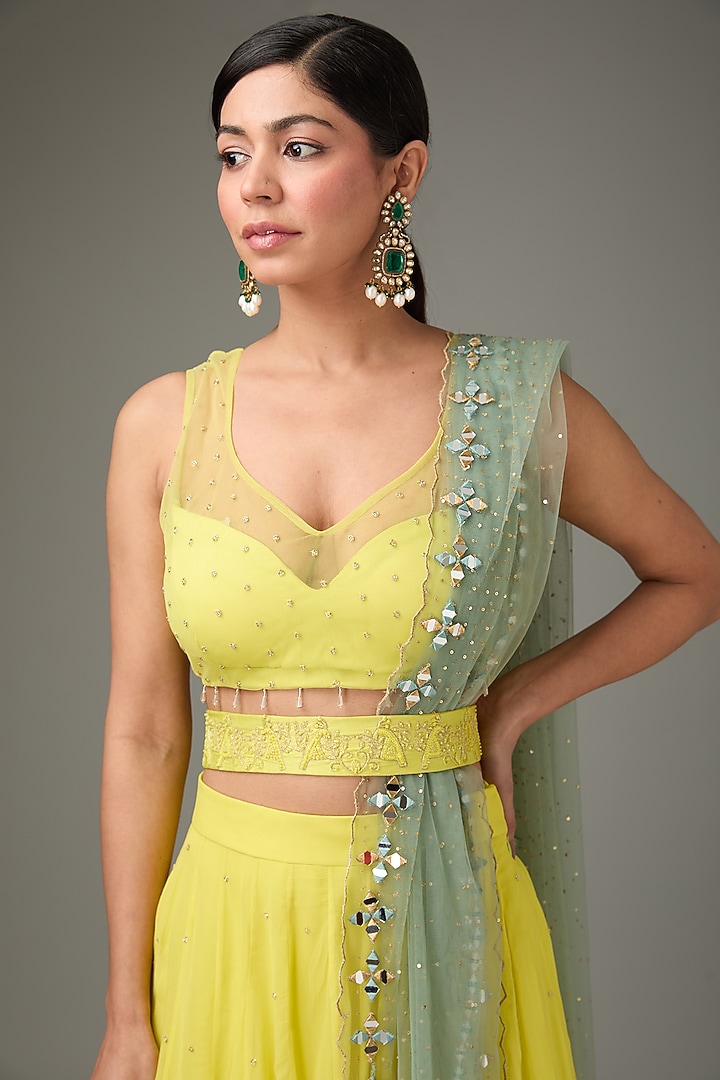 Yellow Crinkle Chiffon Wedding Lehenga Set by ANJALIVERMA at Pernia's Pop Up Shop