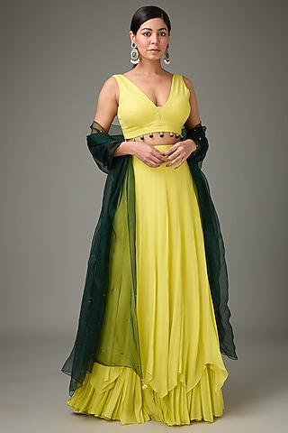 Yellow Crinkle Chiffon Flared High-Low Lehenga Set by ANJALIVERMA