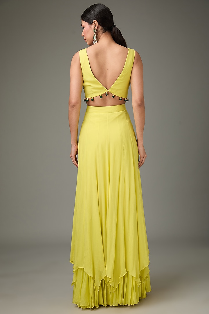 Yellow Crinkle Chiffon Flared High-Low Wedding Lehenga Set by ANJALIVERMA at Pernia's Pop Up Shop