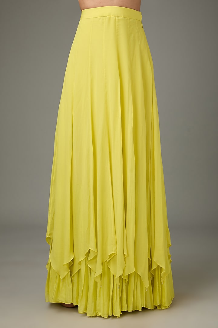 Yellow Crinkle Chiffon Flared High-Low Wedding Lehenga Set by ANJALIVERMA at Pernia's Pop Up Shop