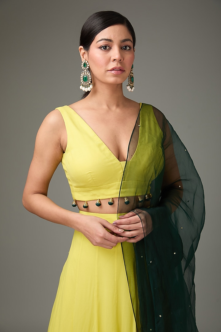 Yellow Crinkle Chiffon Flared High-Low Wedding Lehenga Set by ANJALIVERMA at Pernia's Pop Up Shop