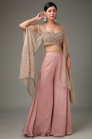 Pink Silk Organza Embellished Cape Set by ANJALIVERMA