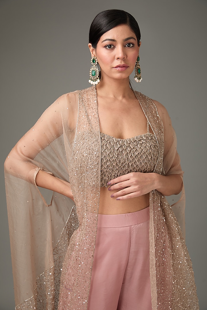 Pink Silk Organza Embellished Cape Set by ANJALIVERMA at Pernia's Pop Up Shop