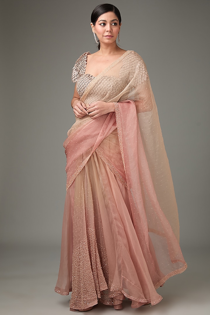 Blush Pink Silk Organza Beads Embellished Draped Saree Set by ANJALIVERMA
