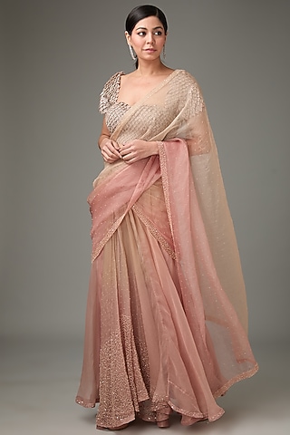 Blush Pink Silk Organza Beads Embellished Draped Saree Set by ANJALIVERMA