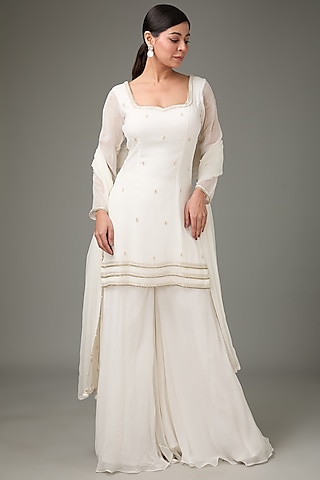 Ivory Flat Chiffon Palazzo Pant Set by ANJALIVERMA