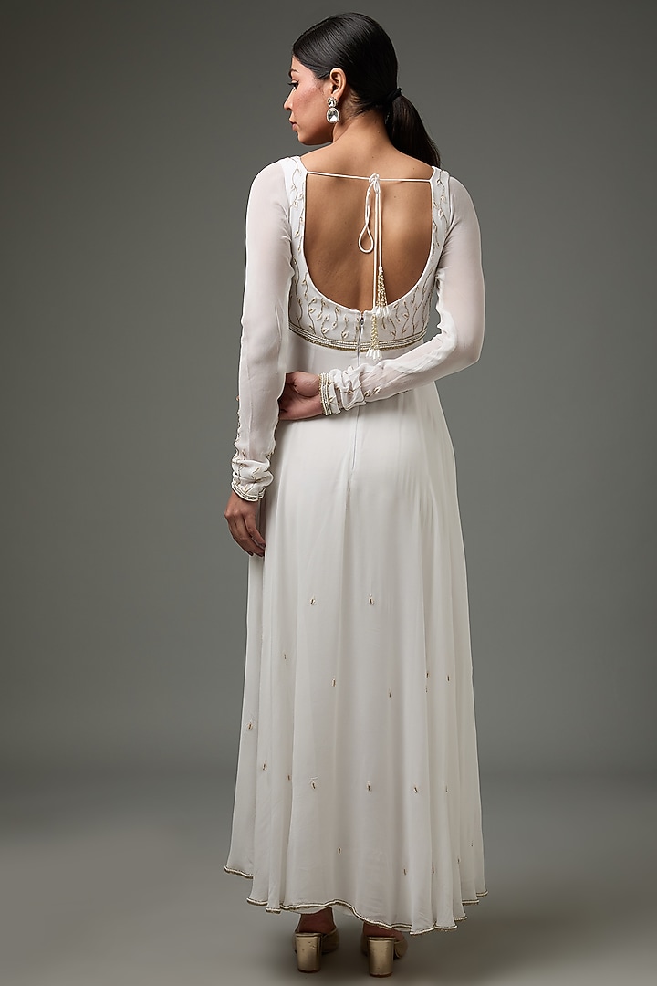 Ivory Georgette Bead Embellished Paneled Party Wear Anarkali Set by ANJALIVERMA at Pernia's Pop Up Shop