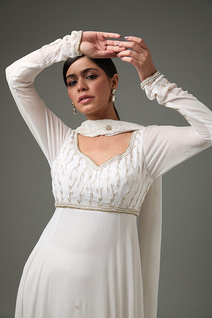 Ivory Georgette Bead Embellished Paneled Party Wear Anarkali Set by ANJALIVERMA at Pernia's Pop Up Shop