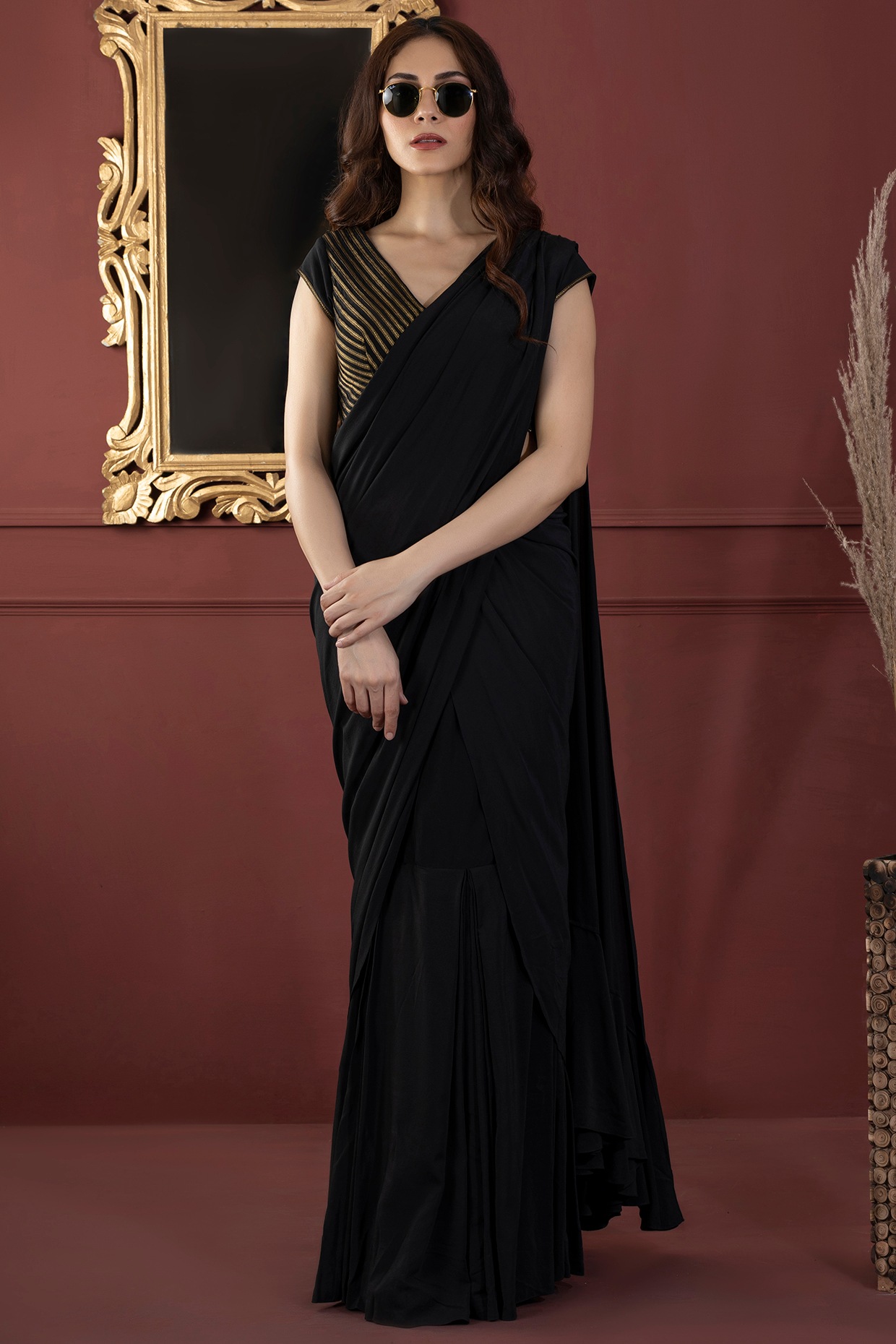 Black 3D flowers embroidered Ruffle Saree available only at IBFW
