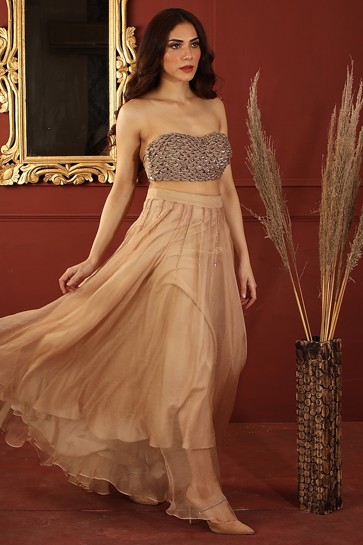 Champagne Pink Pure Silk Organza Pleated Skirt Set by ANJALIVERMA at Pernia's Pop Up Shop