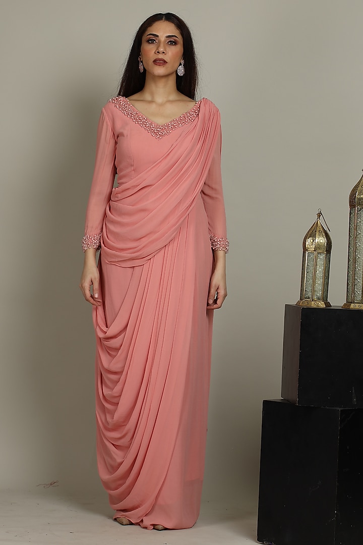Blush Pink Georgette Cowl Draped Saree by ANJALIVERMA