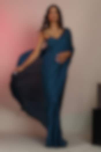 Royal Blue Pure Chiffon Draped Saree Set by ANJALIVERMA