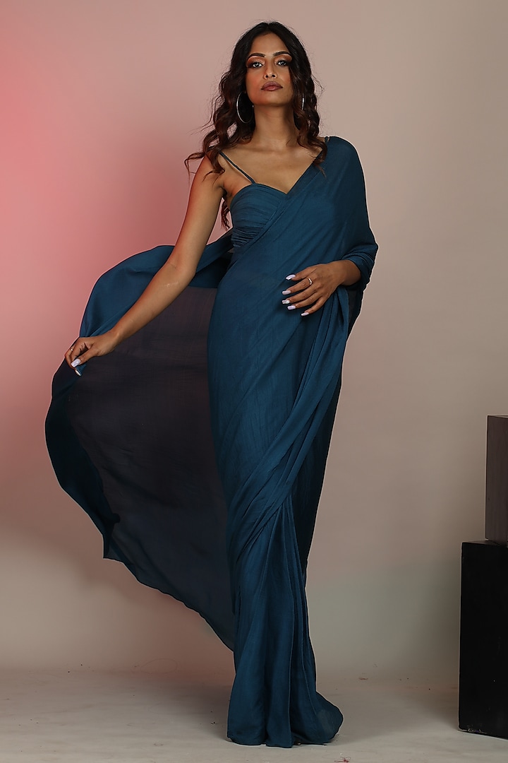 Royal Blue Pure Chiffon Draped Saree Set by ANJALIVERMA