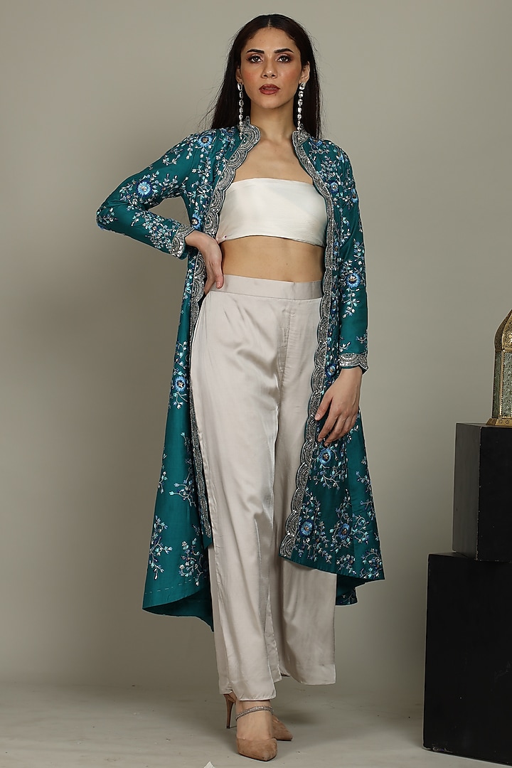 Turquoise Pure Silk Embroidered Jacket Set by ANJALIVERMA