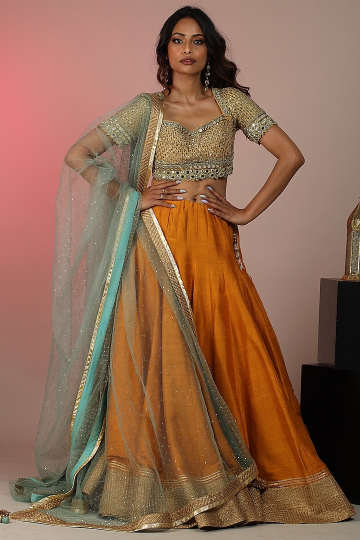 Mustard Raw Silk Wedding Lehenga Set by ANJALIVERMA at Pernia's Pop Up Shop