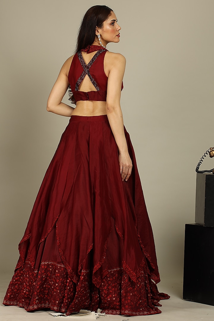 Embroidered Taffeta Silk Layered Gown in Maroon and Black