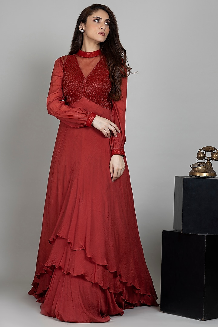 Red Pure Chiffon Hand Embroidered Layered Gown by ANJALIVERMA