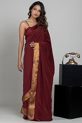 Maroon Pure Crepe Satin Saree Set by ANJALIVERMA