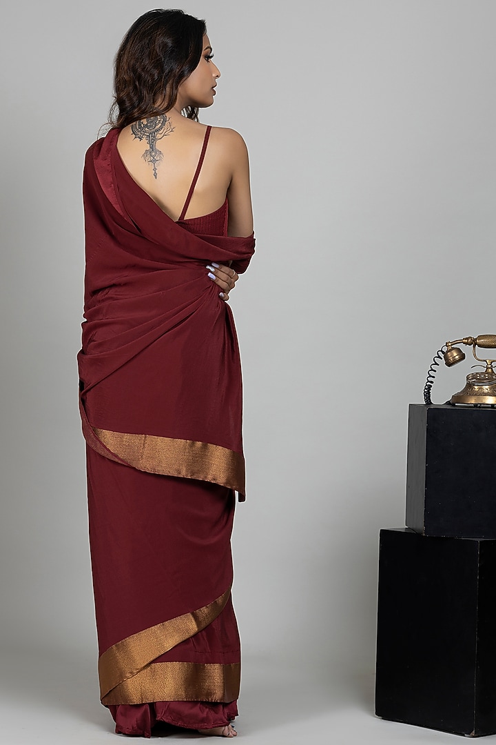 Maroon Pure Crepe Satin Wedding Saree Set by ANJALIVERMA at Pernia's Pop Up Shop