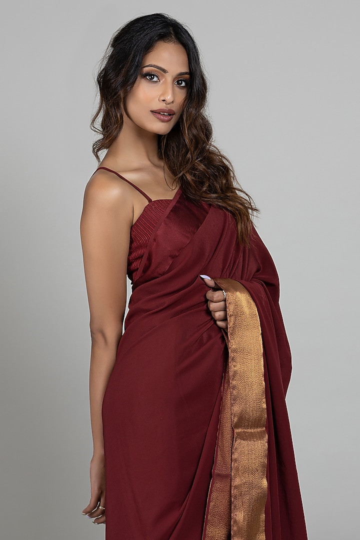 Maroon Pure Crepe Satin Wedding Saree Set by ANJALIVERMA at Pernia's Pop Up Shop