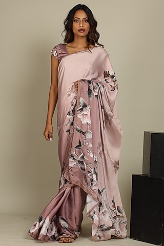 Mauve Silk Satin Printed Saree Set by ANJALIVERMA