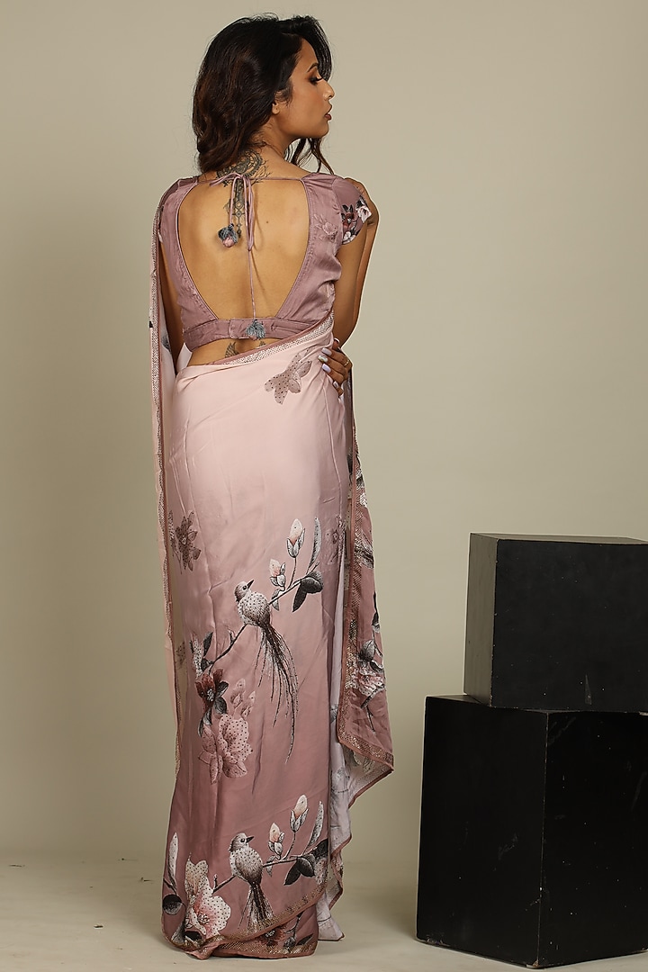 Mauve Silk Satin Printed Party Wear Saree Set by ANJALIVERMA at Pernia's Pop Up Shop