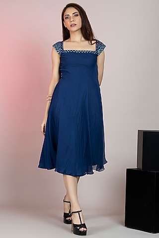 Aqua Marine Blue Crinkle Chiffon Dress by ANJALIVERMA