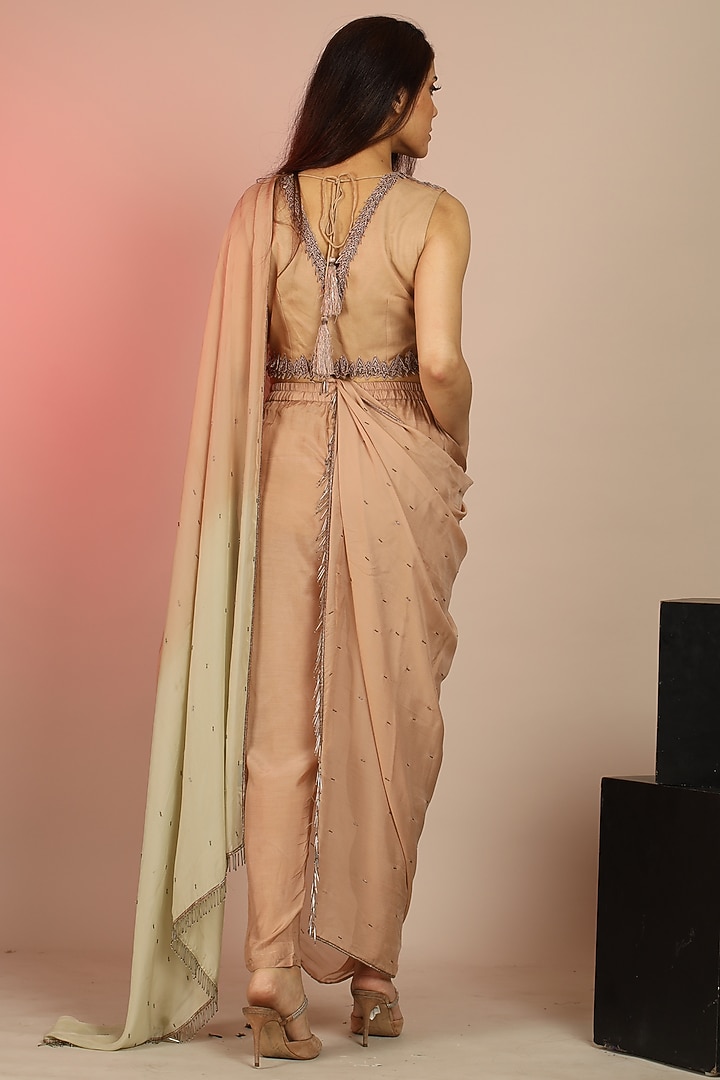 Beige Cotton Silk Satin Pant Party Wear Saree Set by ANJALIVERMA at Pernia's Pop Up Shop