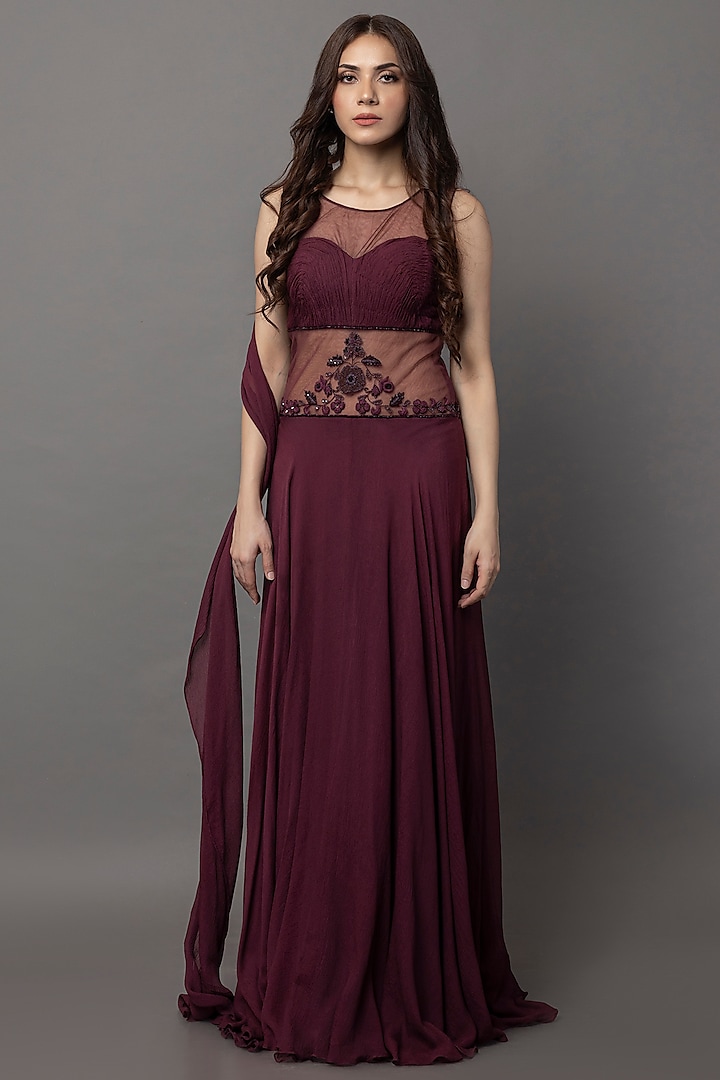 Cranberry Red Crinkled Chiffon Gown by ANJALIVERMA